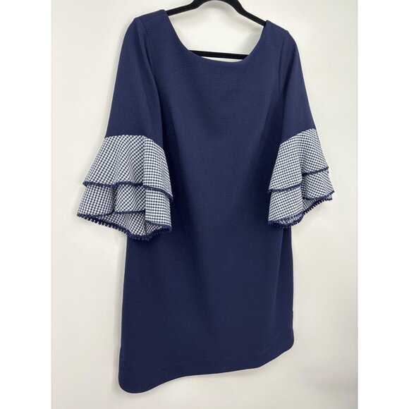J. Howard Textured Gingham Tiered Bell Sleeve Dress Navy Size 16 - Picture 2 of 8